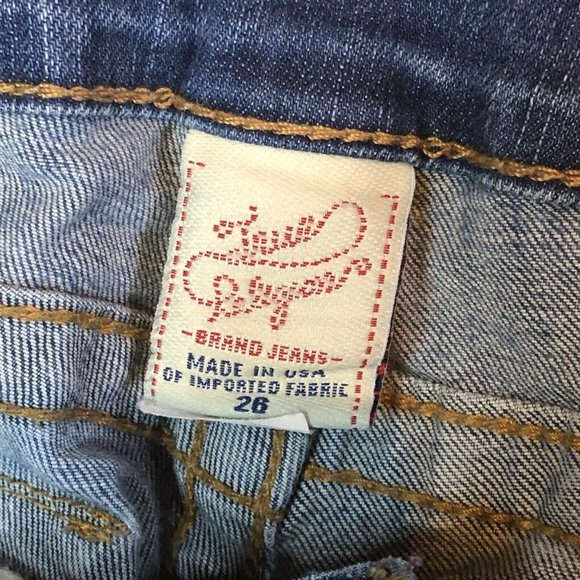 True Religion Big T Jean Size 28 Flap Pocket Twisted Flare Leg Distressed - Picture 4 of 10